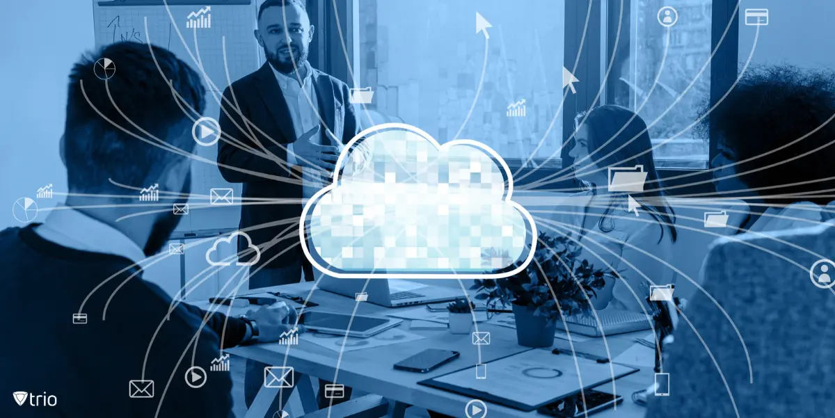A business meeting in progress with participants focused on a presentation, overlaid with a central cloud graphic and various digital and communication icons.