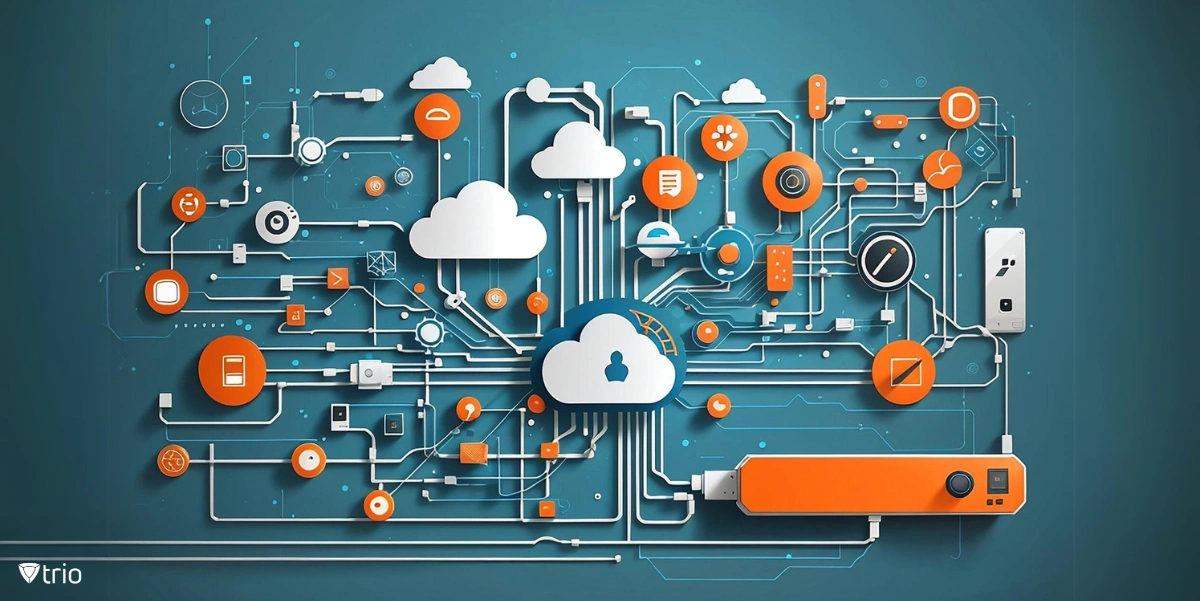 Different computer network icons connected to each other in a network