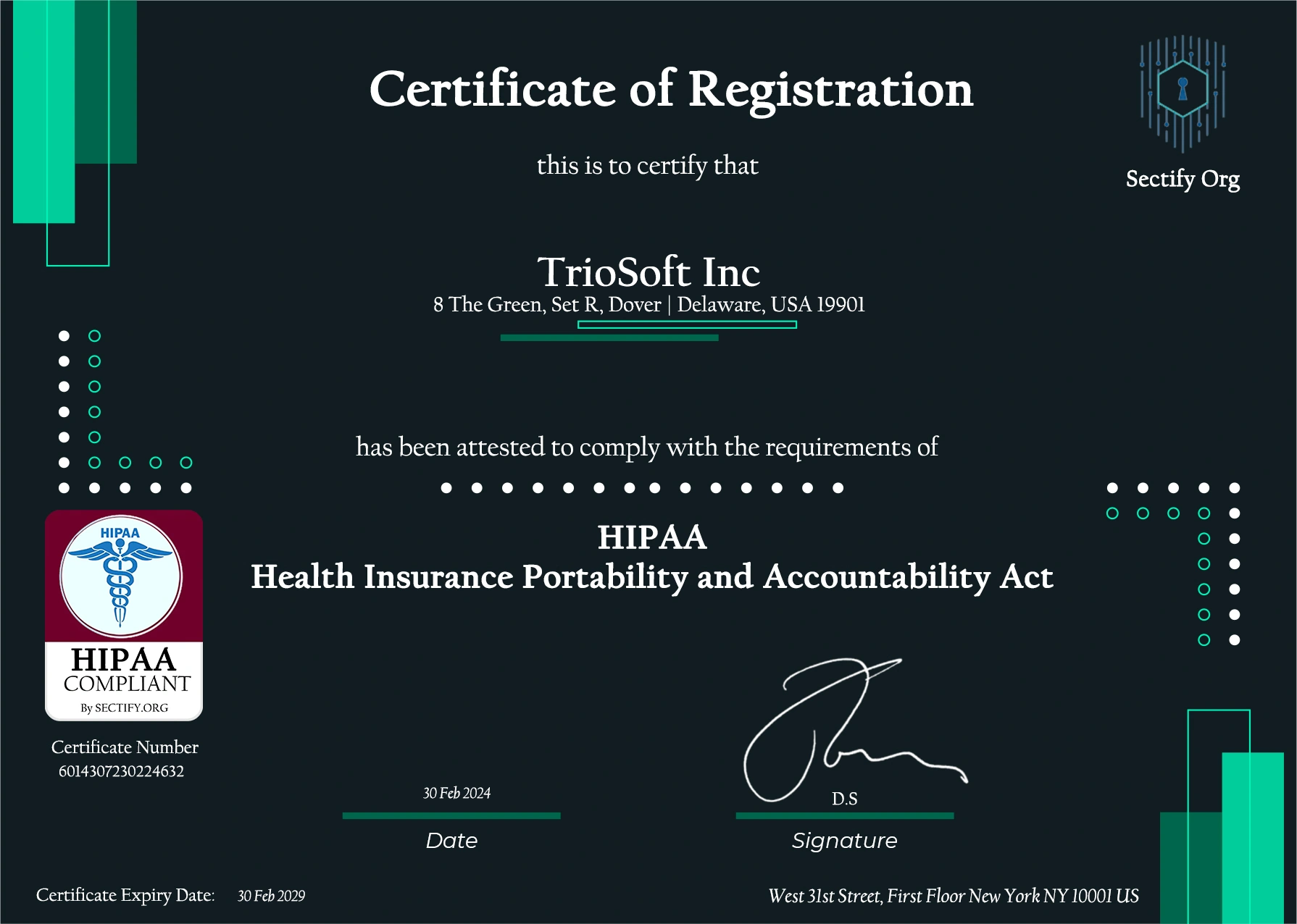 Trio's HIPAA Certificate