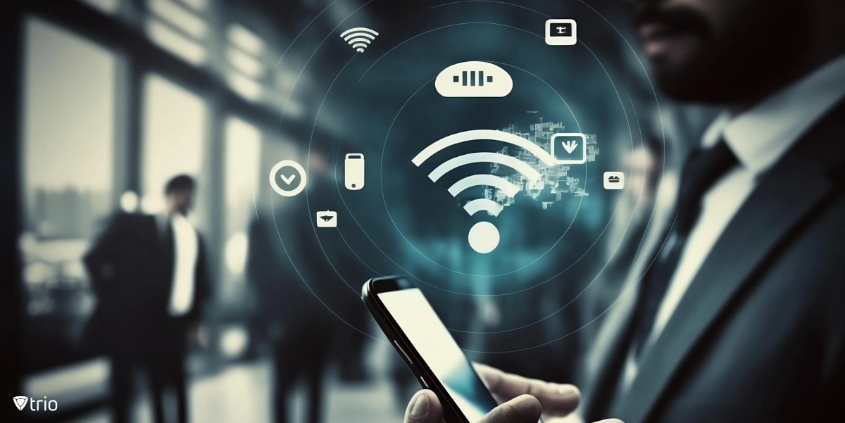 Ein Mitarbeiter, der sein mobiles Gerät mit implementiertem OTA-Bereitstellungszugriff verwendet