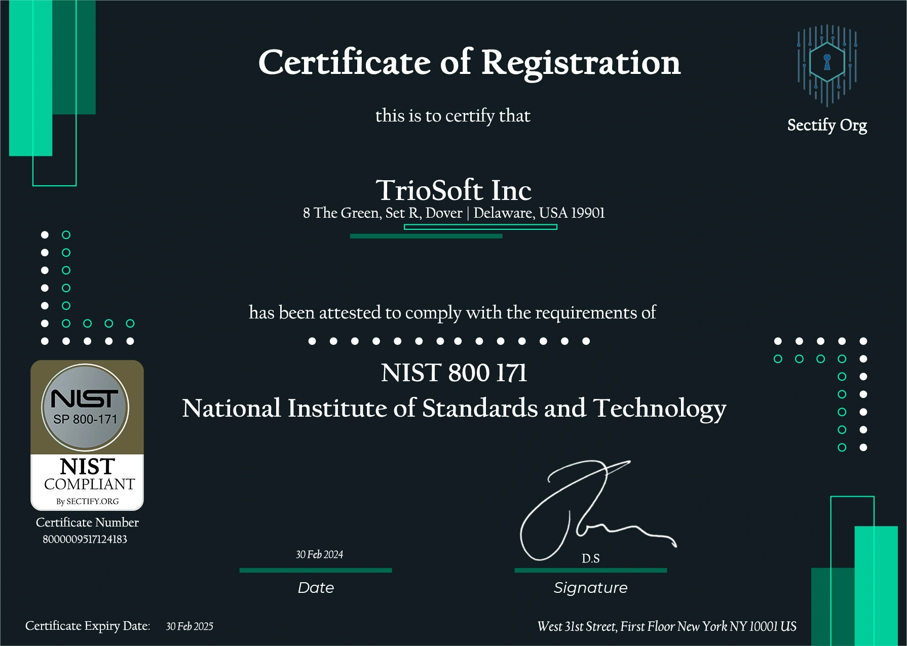 Trio's NIST 800-171 Certificate