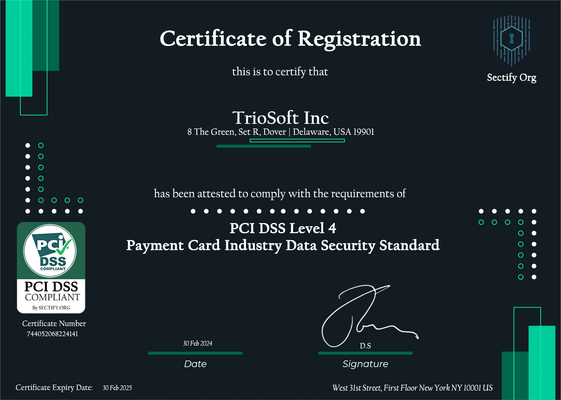 Trio's PCI DSS certificate