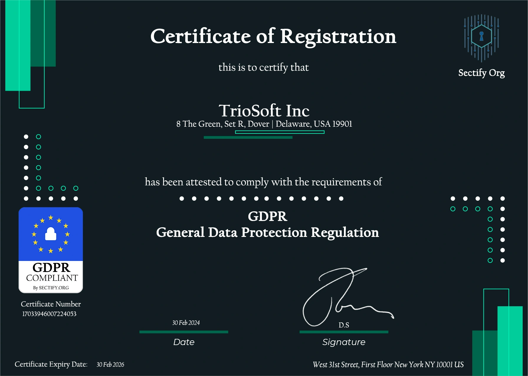 certificate of GDPR issued for TrioSoft Inc. 2024