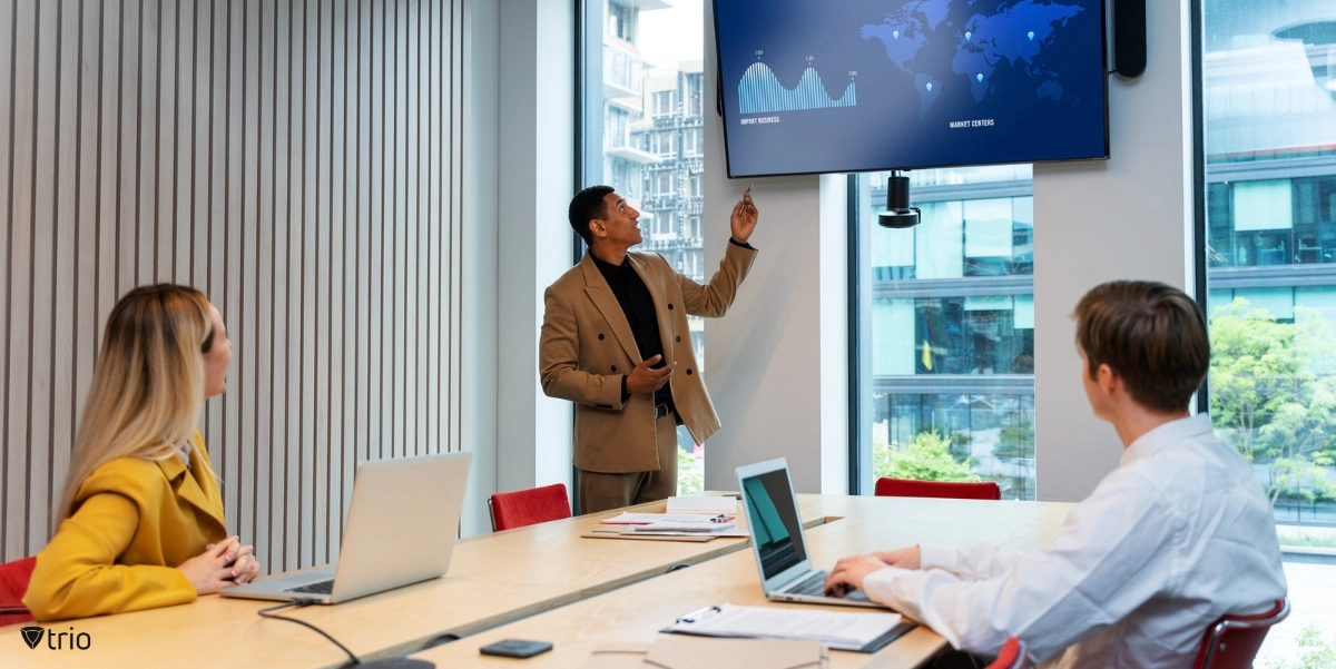 A modern conference room, using state-of-the-art technology.