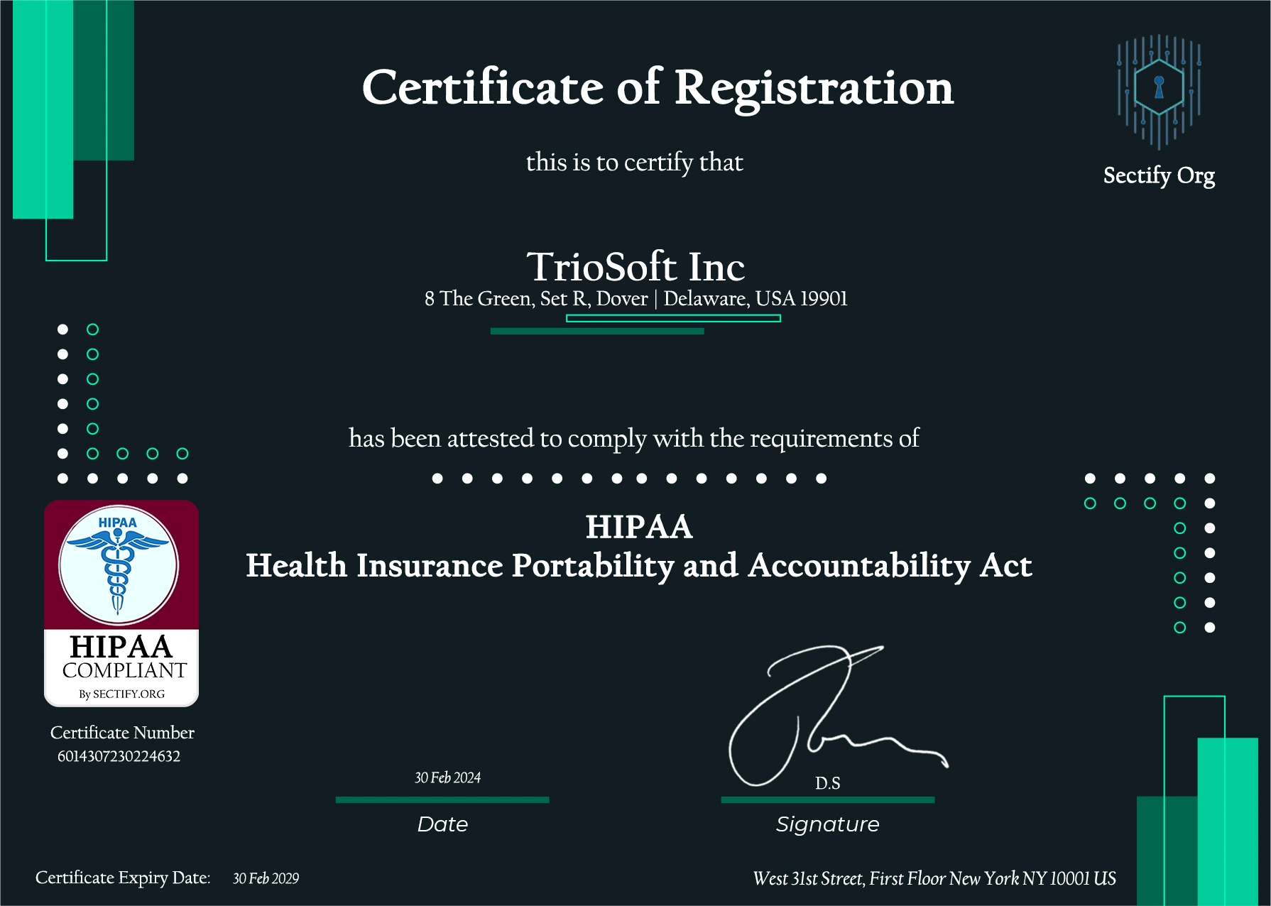 HIPAA certificate of Trio