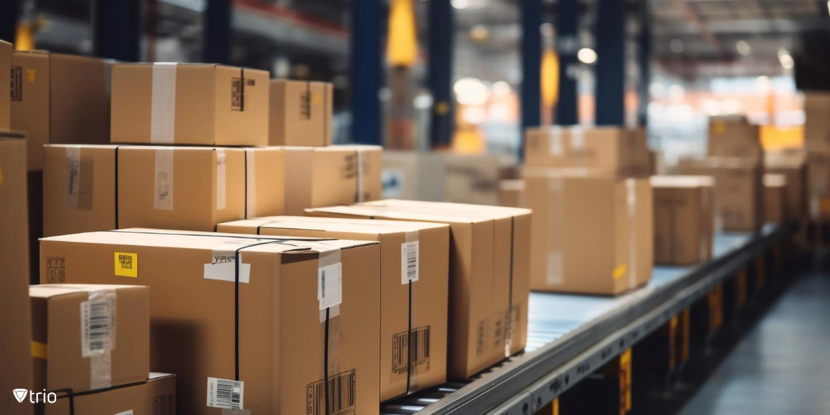 Cardboard boxes on a conveyor belt in warehouse