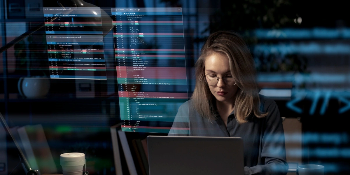 Frau arbeitet am Computer mit Analysefunktionen im Hintergrund