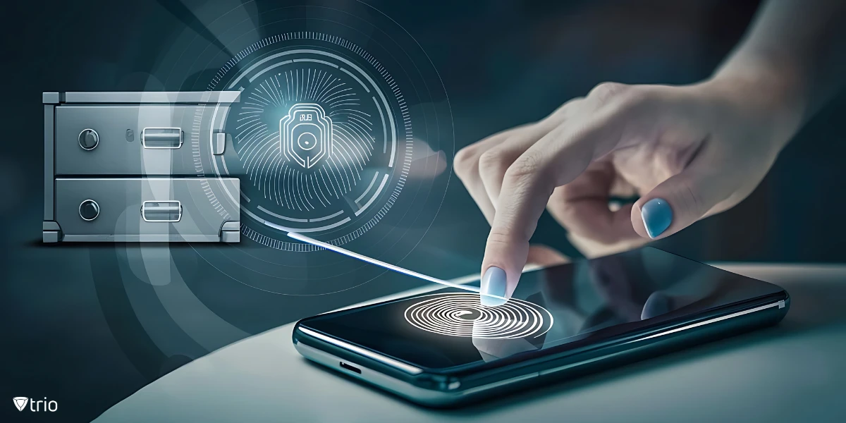 Eine weibliche Hand, die ein Smartphone authentifiziert, ohne ein Passwort einzugeben, was eine der Anwendungen der passwortlosen Authentifizierung von FIDO2 ist