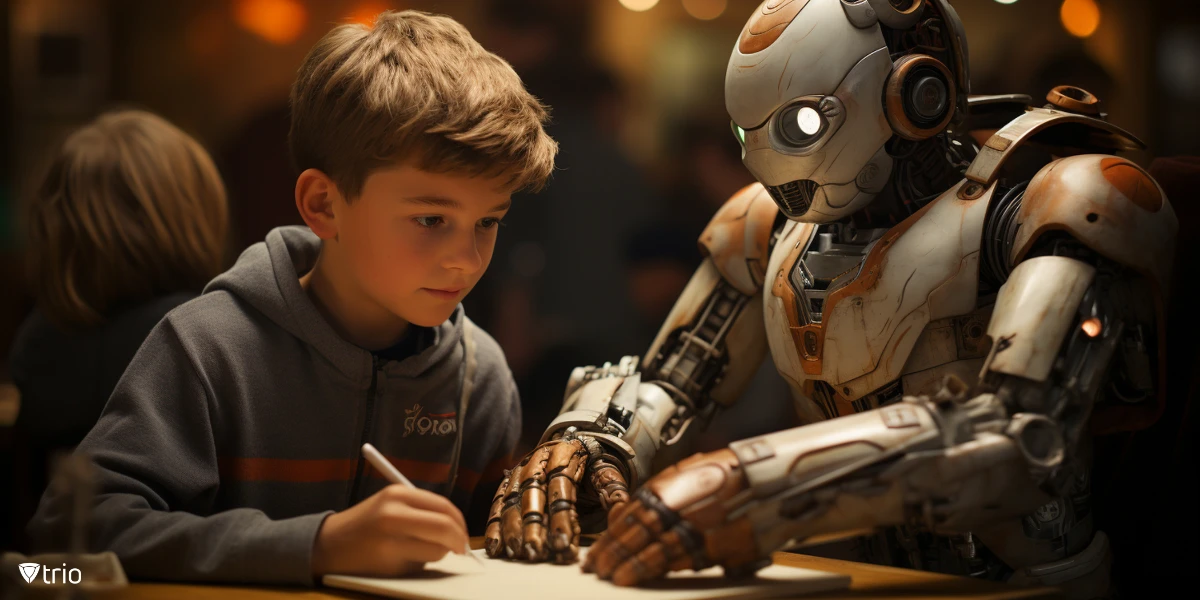 Ein KI-gesteuerter Roboter, der die Hausaufgaben von zwei Schülern macht, was einer der Nachteile von KI in der Bildung für Studenten sein kann