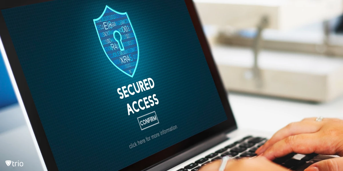 woman working on laptop with “secured access” on her screen