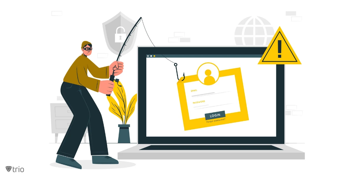 Hacker breaking in on laptop and stealing credentials while warning sign appears