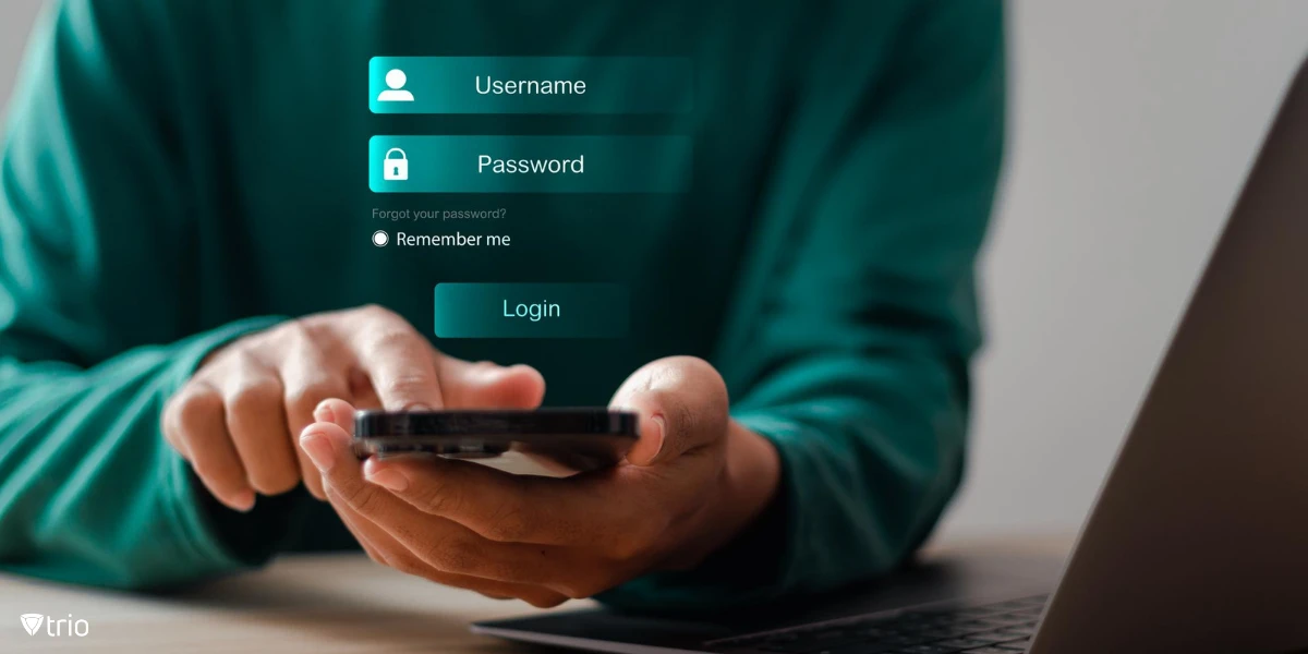 [person using smartphone to type login and password with concept of login screen coming out of phone] 