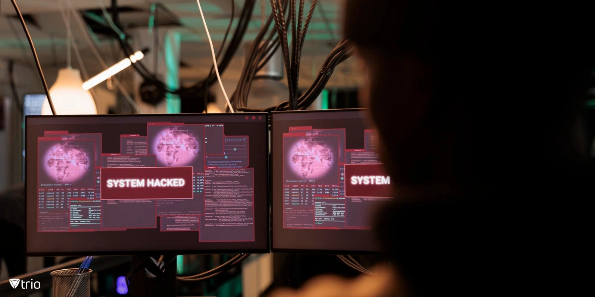 Warnmeldung über einen Systemhack auf dem Computerbildschirm, hinter dem der Hacker sitzt