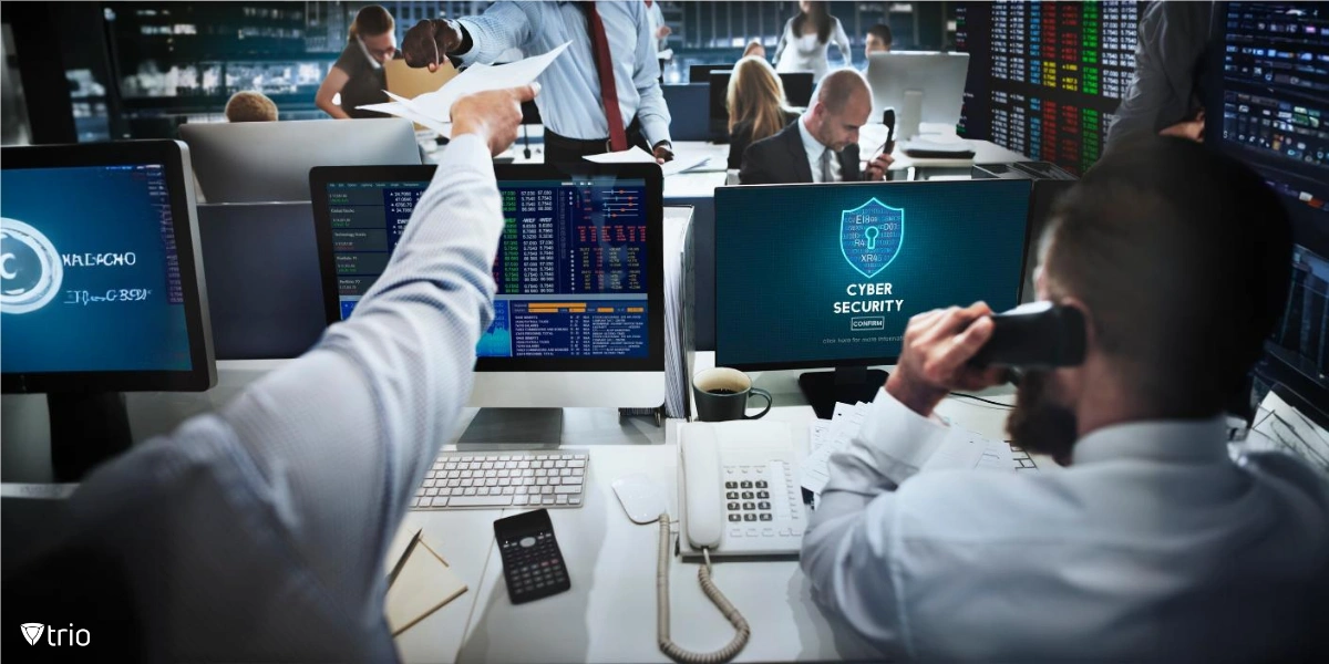 Büro mit Mitarbeitern, die an Geräten arbeiten, und einem der Mitarbeiter, der ein Schild mit Cybersicherheit auf seinem Bildschirm hat