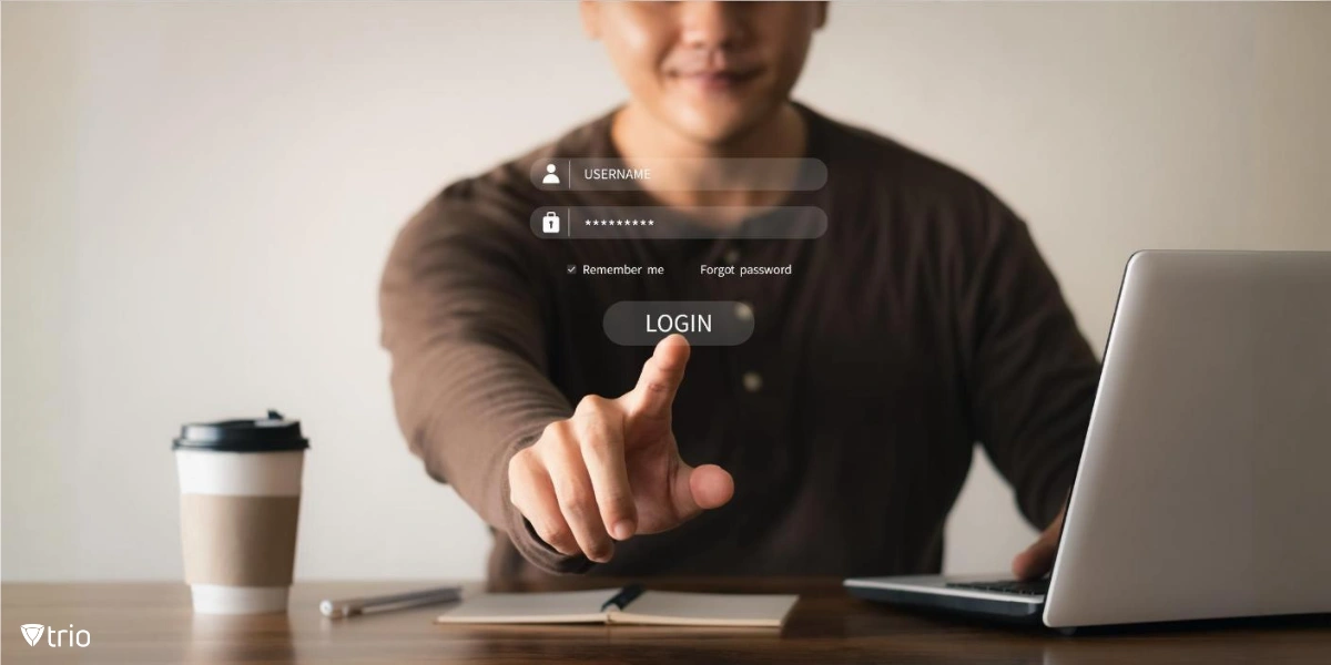 A person interacting with a transparent login interface, pointing at the "Login" button.