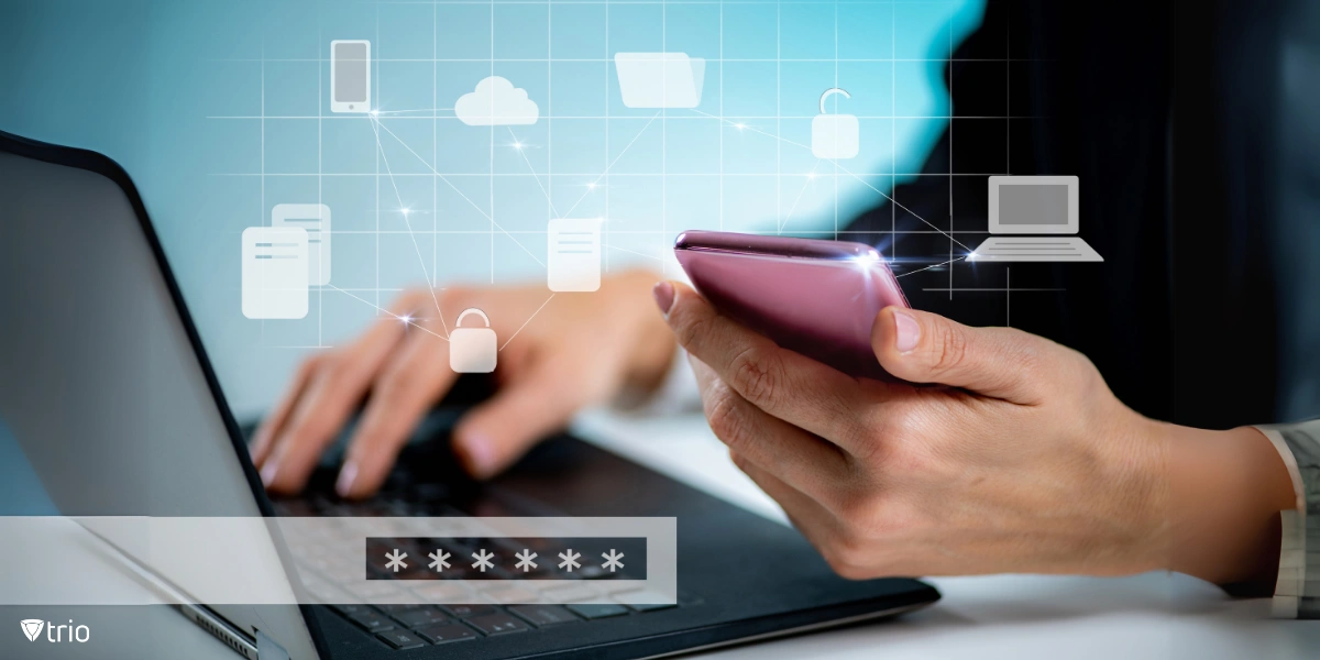 Person, die ein Smartphone und einen Laptop benutzt, mit Symbolen für Sicherheit und Konnektivität, die sicheren digitalen Zugang repräsentieren