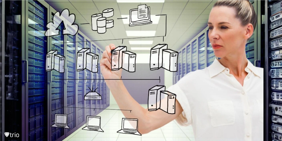 serious businesswoman drawing a centralized network in a server room