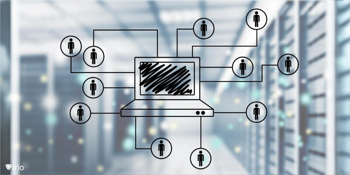 drawing of laptop connected to people icons in a server room