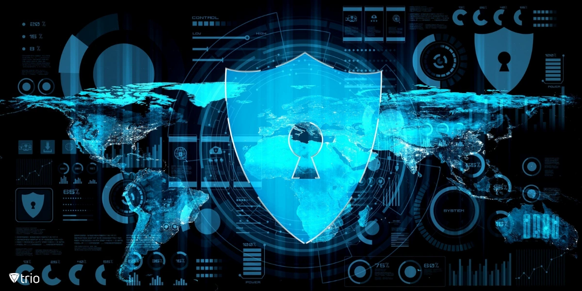 Das abstrakte Konzept der Cybersicherheit und des Online-Datenschutzes. Es enthält visuelle Elemente wie leuchtende digitale Schlösser, Netzwerke und Datenströme.