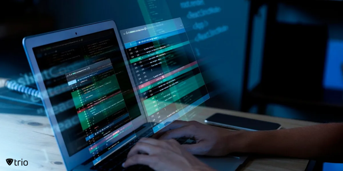 Hologram of software and patch management helping endpoint management on laptop