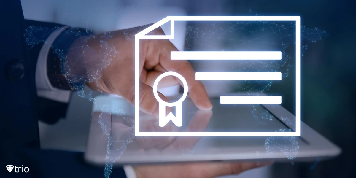 A digital illustration of a certificate icon is superimposed over a businessman using a tablet.