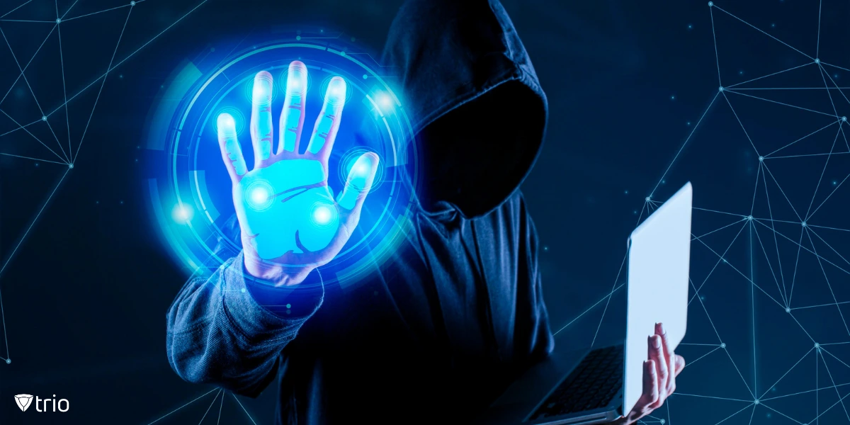 Advanced cybersecurity visualization showing threat detection, AI-powered security monitoring, and protected mobile devices in enterprise network