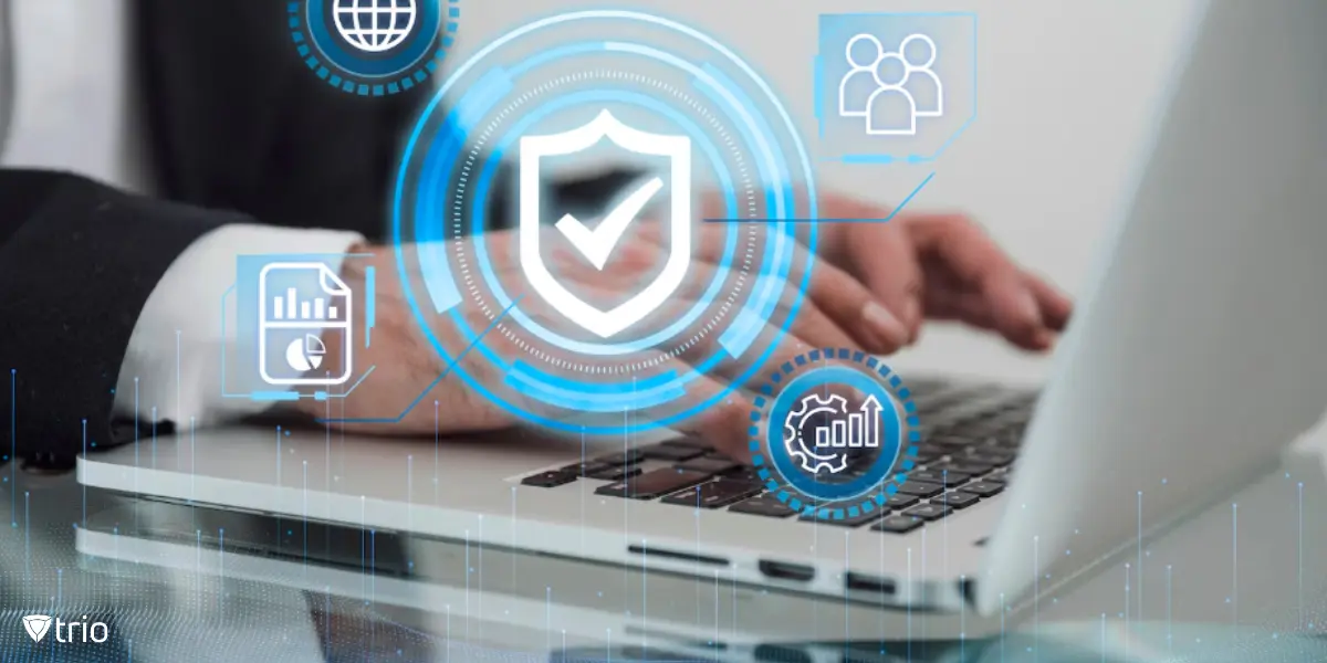 Digital quality control interface with icons and data metrics, symbolizing structured access and compliance in enterprise IAM systems.