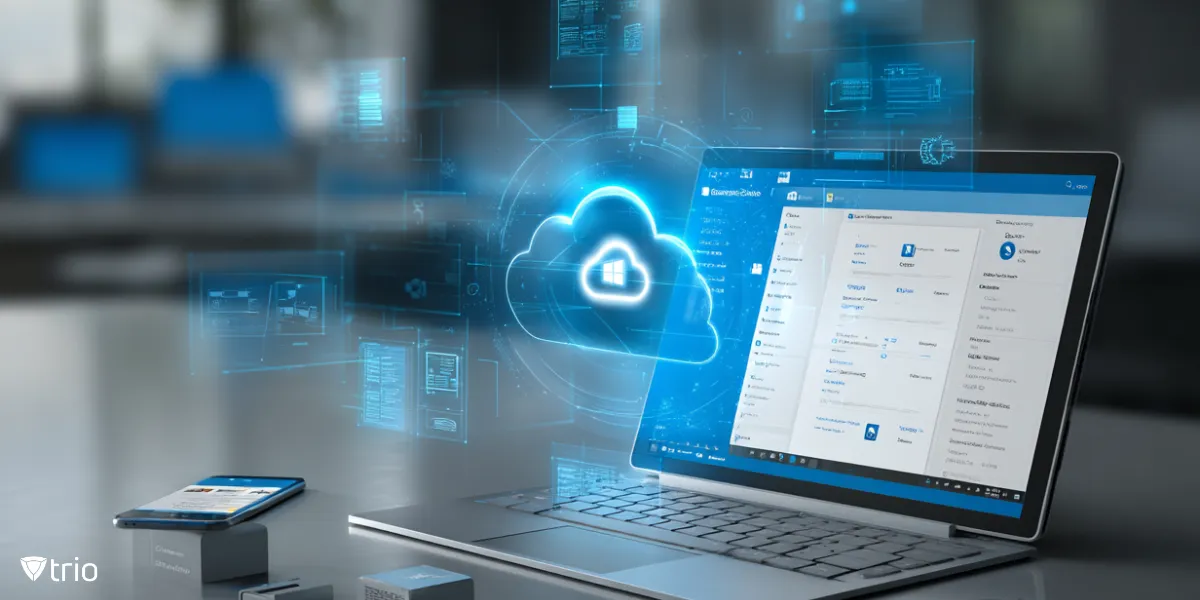 Laptop showing Windows admin console with cloud icon, illustrating Windows 10 remote wipe and enterprise data protection.