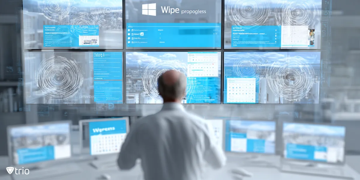 IT admin remotely triggering data wipe on multiple Windows 10 devices via management console, illustrating enterprise remote wipe